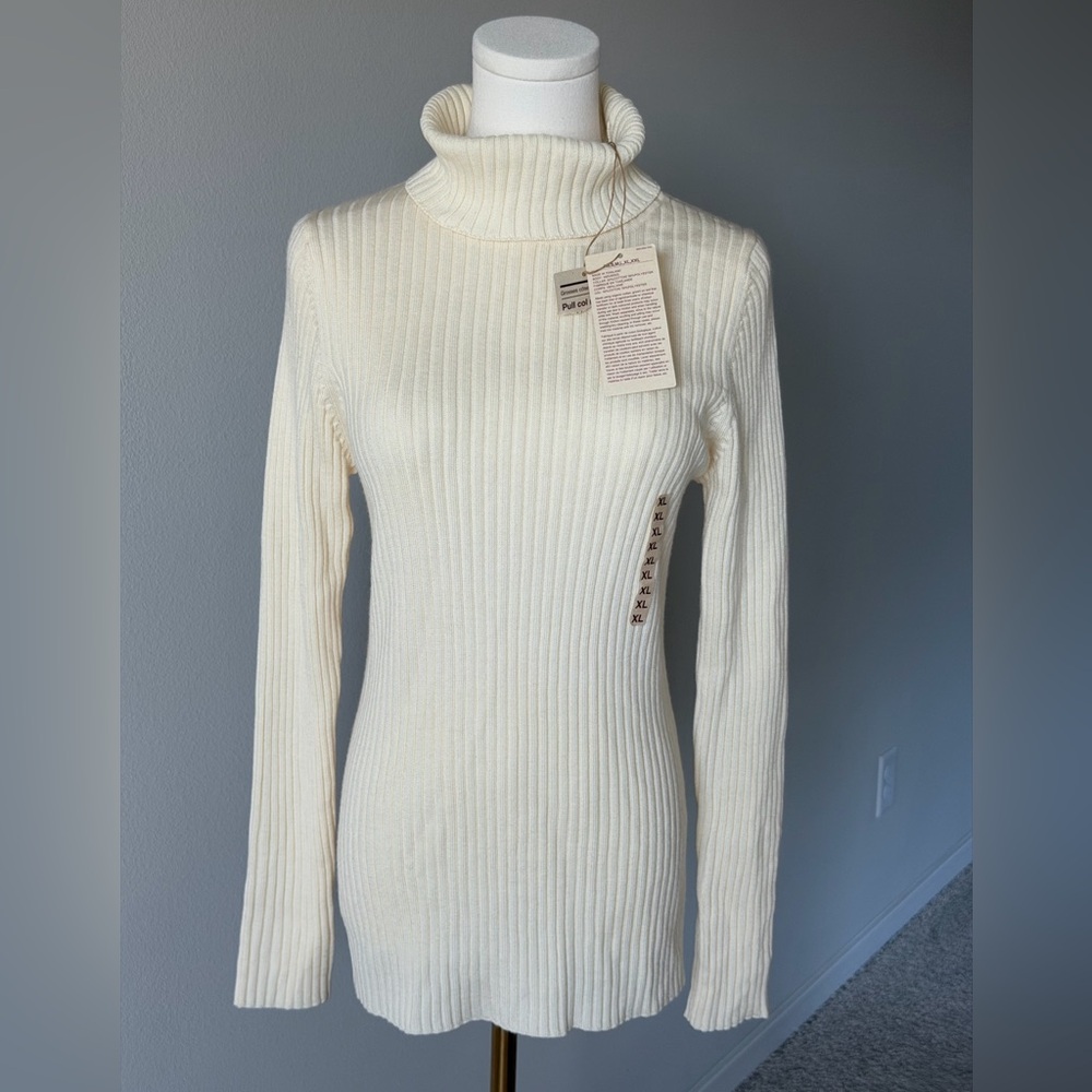Soft & Warm Muji Wool Cream Ribbed Turtleneck Sweater-XL